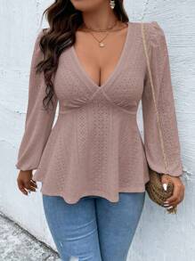 EMERY ROSE 大碼網眼刺繡燈籠袖荷葉邊下擺T恤 - 藕粉色 - 查看 1