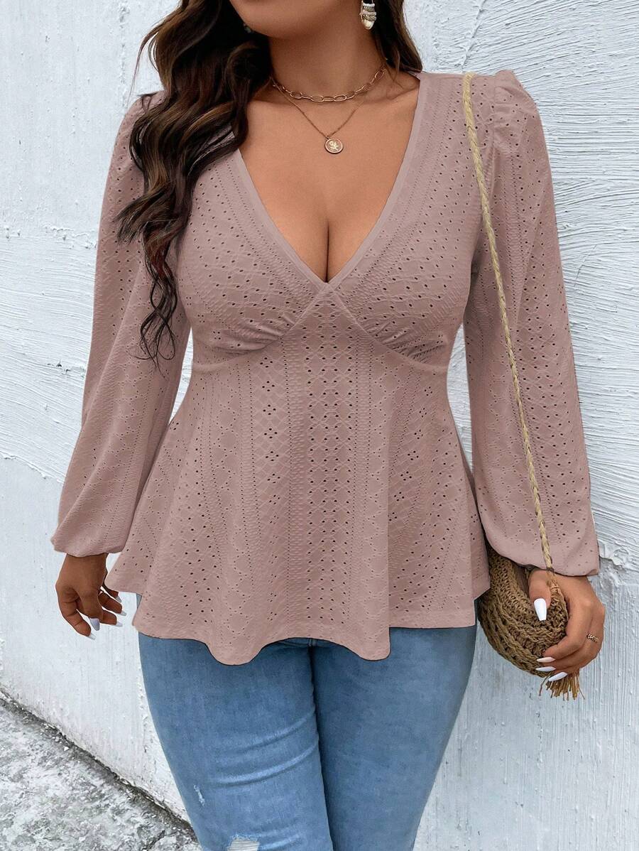 EMERY ROSE 大碼網眼刺繡燈籠袖荷葉邊下擺T恤 - 藕粉色 - 查看 1