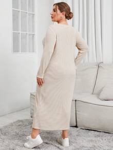 SHEIN Essnce Kích thước lớn Vòng cổ Tay áo dài Đầm - Màu Khaki - Xem 2