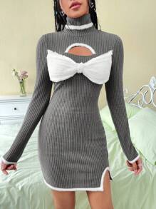 SHEIN EZwear Women'S Color Block High Neck Hollow Out Bow Decoration Dress With Furry Edge