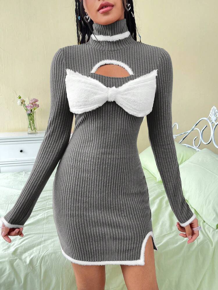 Women'S Color Block High Neck Hollow Out Bow Decoration Dress With Furry Edge