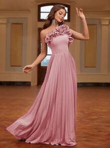 SHEIN Belle Váy dạ hội cho quý cô dự tiệc tối, thiết kế xếp ly một bên vai, váy dự tiệc cưới trang nhã đính hoa 3D thủ công, dự tiệc tốt nghiệp, tiệc tối - Bụi hồng - Xem 5