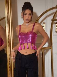 Glamine Ladies' Fashionable Solid Color Fringed & Sparkly Camisole Tank Top - Hot Pink - View 1