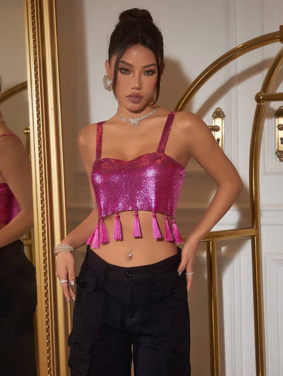 Glamine Ladies' Fashionable Solid Color Fringed & Sparkly Camisole Tank Top - Hot Pink - View 1