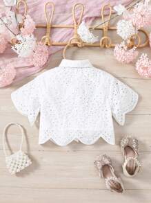 SHEIN Young Girls' Hollow Out Embroidery Loose Short Casual Shirt White Blouse For Kidsblouse White For Kidswhite Blouse For Girlskids White Blouse - White - View 2