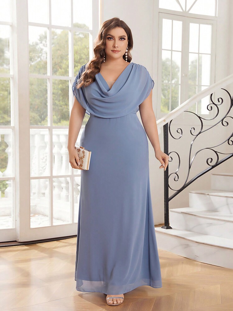 SHEIN Belle 大尺碼垂墜領優雅伴娘禮服長晚禮服 - 霧霾藍 - 查看 2