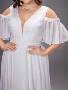 Vestido de novia de talla grande con hombros abiertos, bordado y patchwork - Blanco - Ver 6