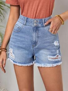 SHEIN LUNE Women'S Distressed Denim Shorts - Blue - View 3