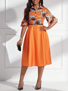 SHEIN Lady Ladies' Printed Patchwork Cold-Shoulder Dress