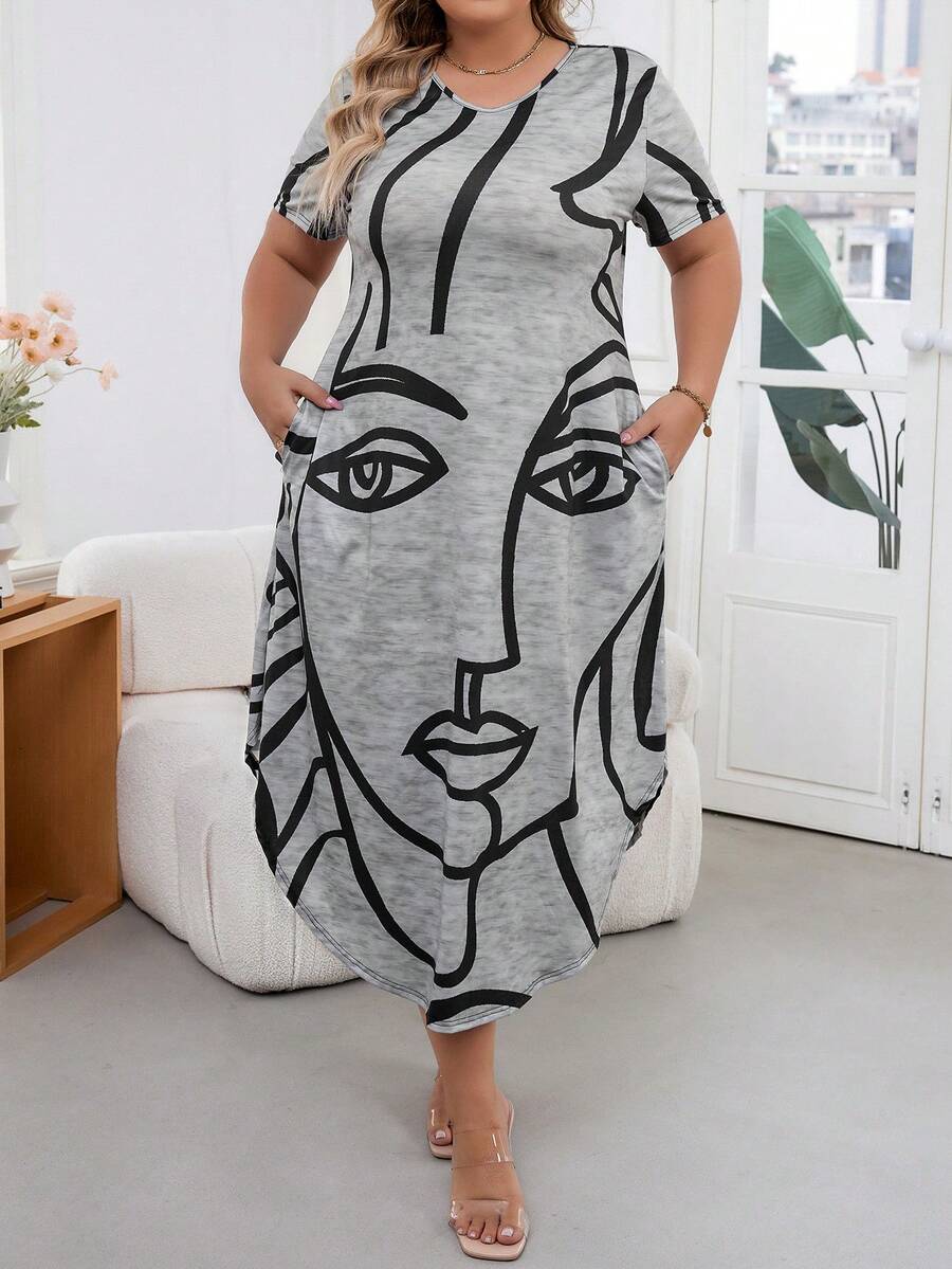 SHEIN LUNE 大尺碼女士塗鴉肖像線描圖案短袖灰色連衣裙 - 灰色 - 查看 1