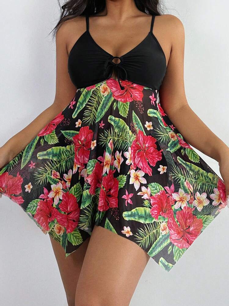 Summer Color Block Tropical Print Asymmetrical Hem Cami Top And Panty Swim Dresses Set Carnival