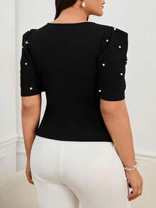 SHEIN Privé Kaos Ukuran Plus Manik manik Mutiara Plain Casual - Hitam - View 2