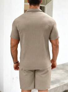 Men'S Solid Color Half-Zip Polo Shirt And Shorts Set - Khaki - View 2