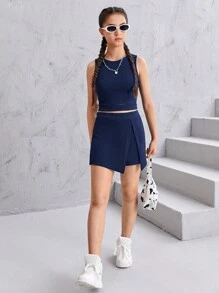 SHEIN Leap Crew Teen Girl Solid Color Top And Wrap Skort Holiday 2pcs/Set - Navy Blue - View 3