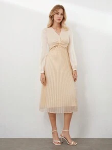 BizChic Của phụ nữ Tay áo lồng đèn Xoắn Nút Viền xếp Đầm - Màu vàng - Xem 8