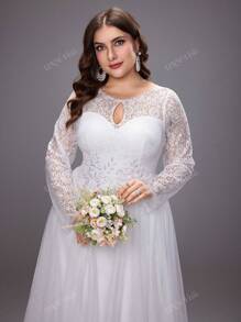 UNITHORSE Plus Size Women'S Elegant Lace Flowers Long Sleeve Mesh Wedding Dress With Gorgeous Dress, All White Party Outfit Women
