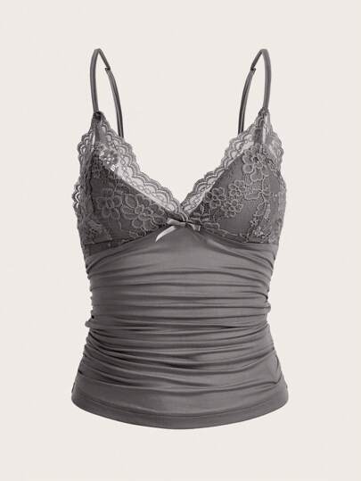 SHEIN ICON Solid Color Lace Spliced Pleats Slim Fit Camisole