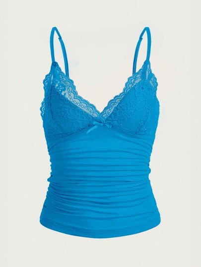 SHEIN ICON Solid Color Lace Splicing Ruched Slim Fit Camisole Top