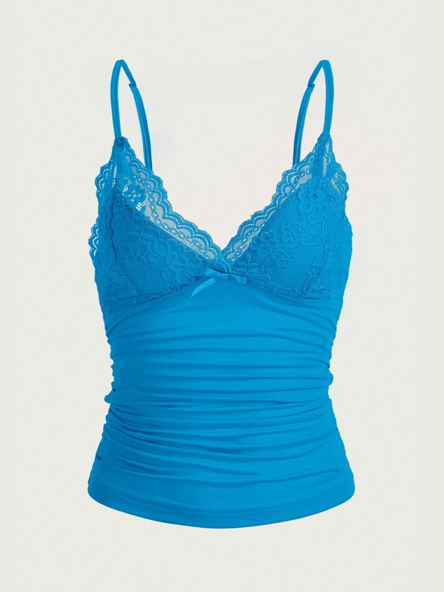 SHEIN ICON Màu thuần Ren Nối Xù Thon gọn Áo ba lỗ Áo - Màu xanh lam - Xem 1