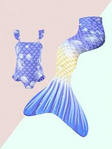 少女魚鱗印花連體泳衣套裝 - 藍色 - 查看 4