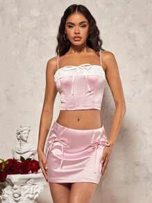 SHEIN BAE Conjunto De Camiseta Sin Mangas Con Tirantes Con Lazo De Bloque De Color Romántico Y Falda De Cintura Baja Para El Día De San Valentín, Para Mujeres