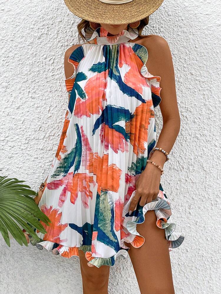 Women's Plant Printed Frill Hem Halter Neck Dress