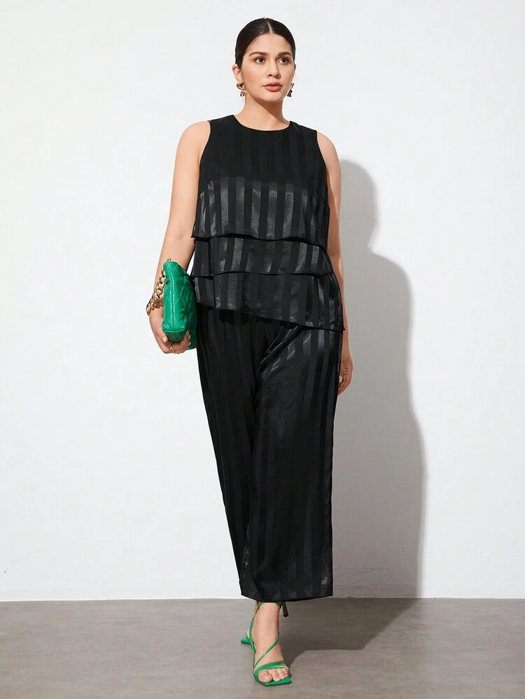 Plus Size Striped Casual Two-Piece Set