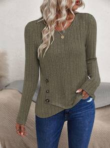 EMERY ROSE Women's Asymmetrical Hem Ribbed Tee Fall Cloth For Women - Green - View 3