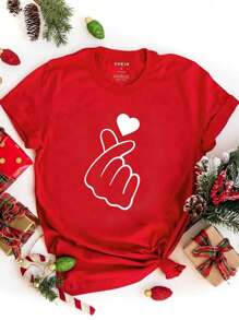SHEIN LUNE 1 pièce T-shirt ajusté à col rond à manches courtes pour femmes, thème de la Saint-Valentin décontracté avec imprimé de cœur et geste de la main, pour l'été