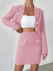 EURMUSE Quý cô Áo vest Áo khoác Với Cổ áo tương phản Và Độ dài của đầu gối Bộ váy - Màu Hồng baby - Xem 5