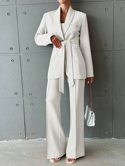 EURMUSE Women's Solid Color Suit Belted Coat And Pants Set