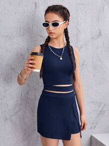 SHEIN Leap Crew Teen Girl Solid Color Top And Wrap Skort Holiday 2pcs/Set - Navy Blue - View 4
