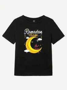 SHEIN LUNE Kaos Hitam Wanita dengan Slogan Berkat Desain Festival dan Bulan - Hitam - View 4
