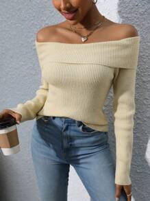 Chiquease Áo len nữ trễ vai, tay dài, dệt kim, thích hợp cho mùa thu đông. - Màu be - Xem 4