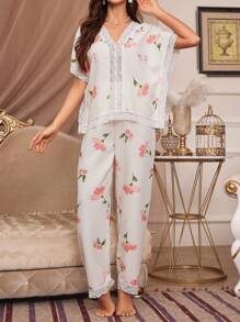 女性花卉印花拼接蕾絲短袖和長褲睡衣套裝 - 杏色 - 查看 4