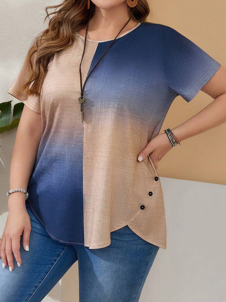 Plus Size Women's Contrast Color Button Decor Round Neck Short Sleeve T-Shirt,Summer Outfits For Women, Beach Outfit For Women ,Casual Blouses For Women ,Vacation Outfits Women,Country Concert Outfit, Blouse For Women Multicolor Plus Size Blouses Casual Elegant Blouse Latest Tops For Women Zanzea Blouses Ombre Top Gradient Shirt Short Sleeve Top Women's Fashion Top Button Detail Top Blouse For Women Casual Blouse Elegant Women Tops Zanzea Blouses For Women Latest Tops For Women New Arrivals Business Casual Women Tops Plus Size Women's Tops Gradient Color Top Plus Size Top Top For Women Ombre Blouse