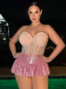 SHEIN SXY Plus Size Mesh Spliced Pleated Bra Cup Fitted Top