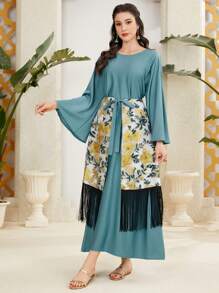 Al Najma Embroidery Patchwork Fringe Decor Flare Sleeve Dress - Green - View 3