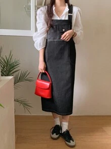 DAZY 女款牛仔背帶裙 - 黑色 - 查看 6