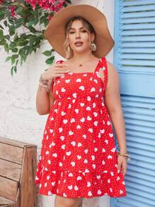 SHEIN VCAY Plus Size Heart Polka Dot Printed Spaghetti Strap Tea Party Dress/Valentine's Day - Red - View 4