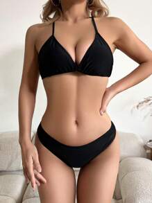 SHEIN Swim Women's Black Two-Piece Bikini Set With Back Tie Carnival Summer - Black - View 1