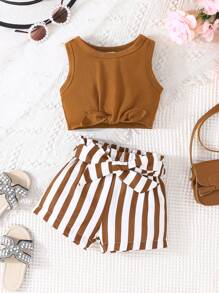 SHEIN Vintaside Kids Baby Girl Summer Knot Hem Tank Top And Striped Paperbag Waist Belted Shorts Set