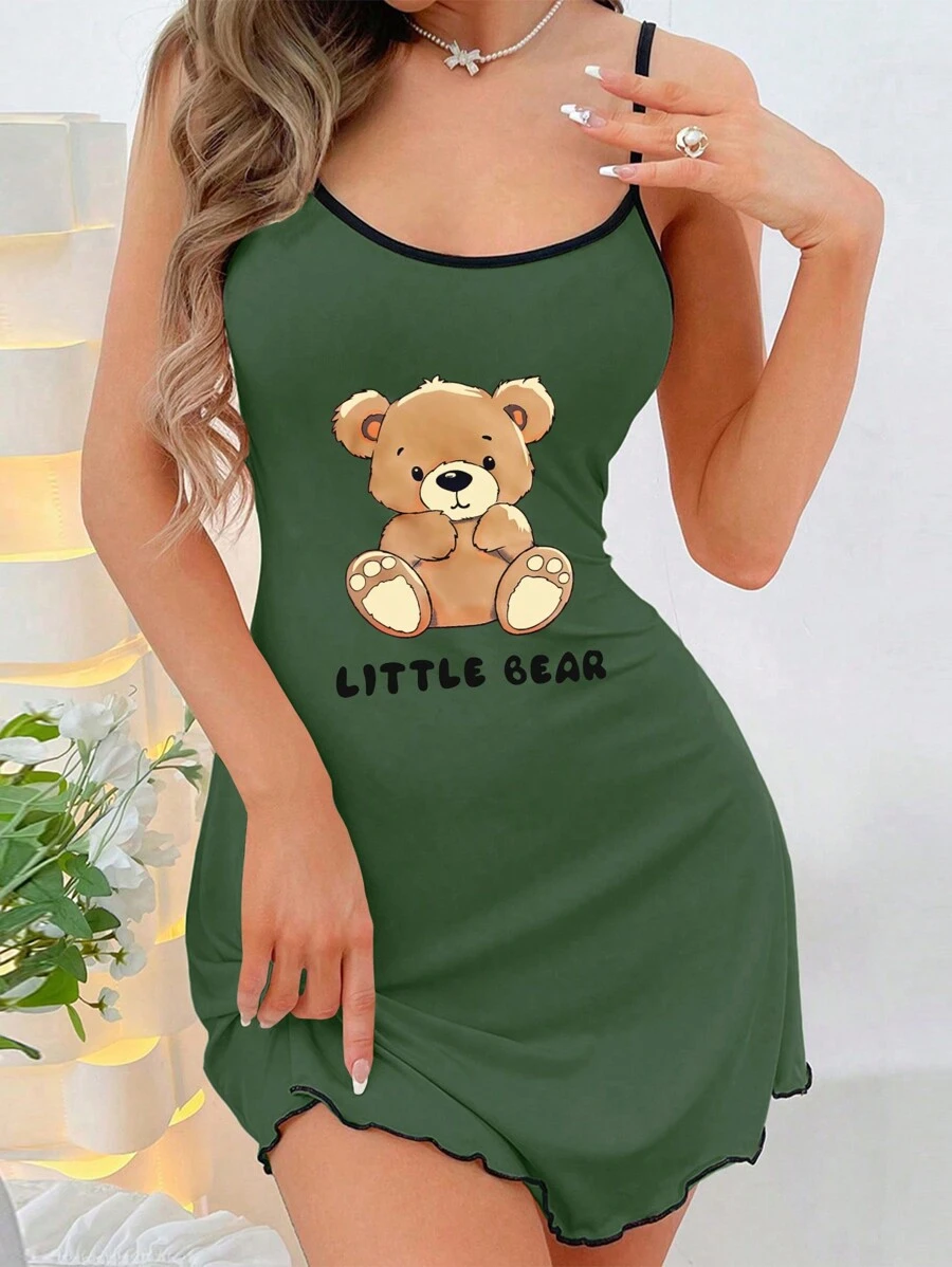 Bear Print Cami Sleep Dress Pajama Dress - Dark Green - View 1