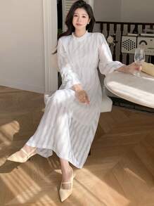 DAZY Damen Einfarbiges Kleid mit Rüschenärmeln, Herbstkleid mit Langarm