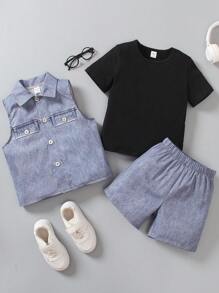 SHEIN Colete de jeans e shorts com efeito denim e conjunto de camiseta de manga curta com pescoço redondo para menino jovem