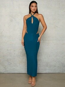 SHEIN BAE Dark Green Halterneck Twist Jumpsuit And Low-Waisted Long Skirt Women's Two-Piece Set - Green - View 1