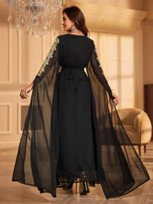 Áo Kaftan thanh lịch dự tiệc, tay áo đính sequin, cổ chữ V, thêu họa tiết. - màu đen - Xem 2