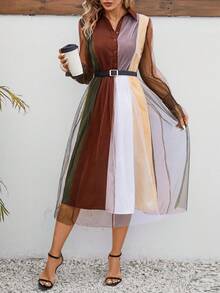 SHEIN Clasi 女士拼色网眼撞色连衣裙 - 彩色 - 查看 3
