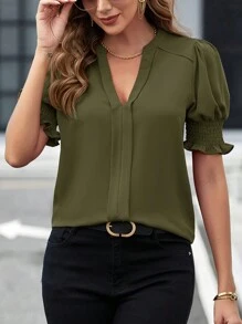 SHEIN Clasi Women's Solid Color Notched Collarline Puff Sleeve Blouse - Army Green - View 3