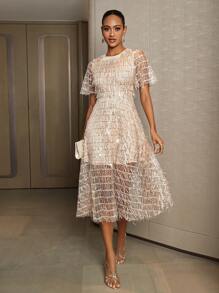 SHEIN Belle Women's Sequin Mesh Short Sleeve Cocktail Party Dress With Patchwork - Apricot - View 5